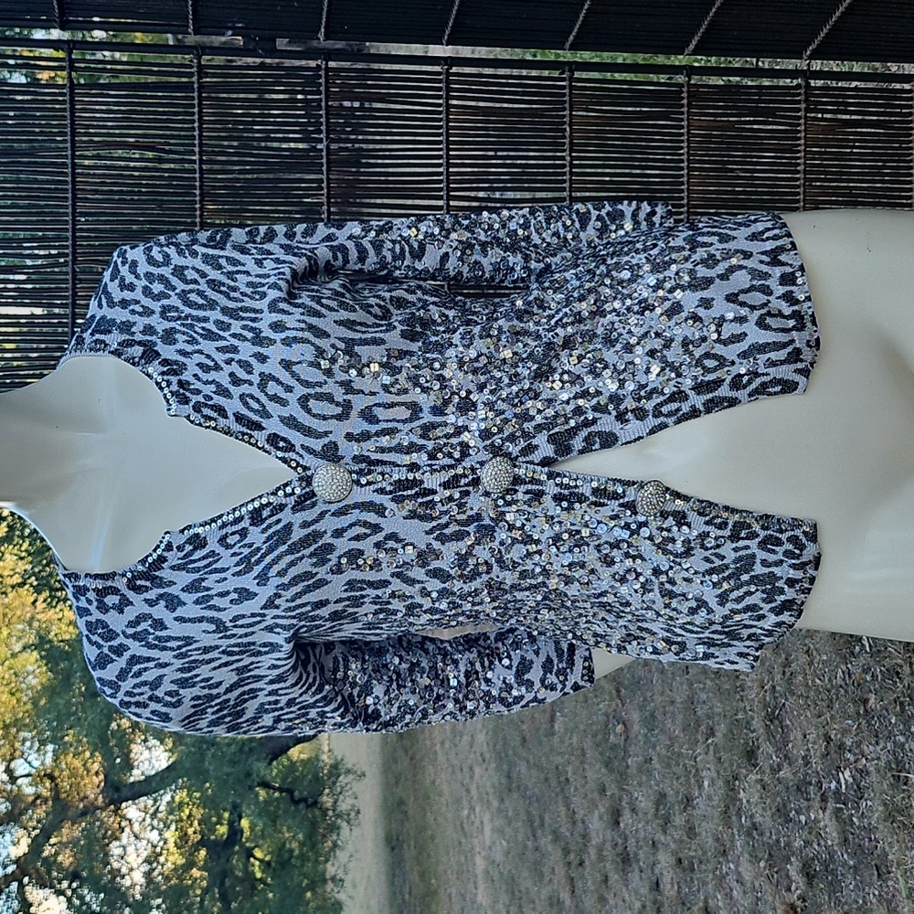 Vintage BERER COLLECTION Black & Grey Leopard Animal Print Sequin Bling Cardigan